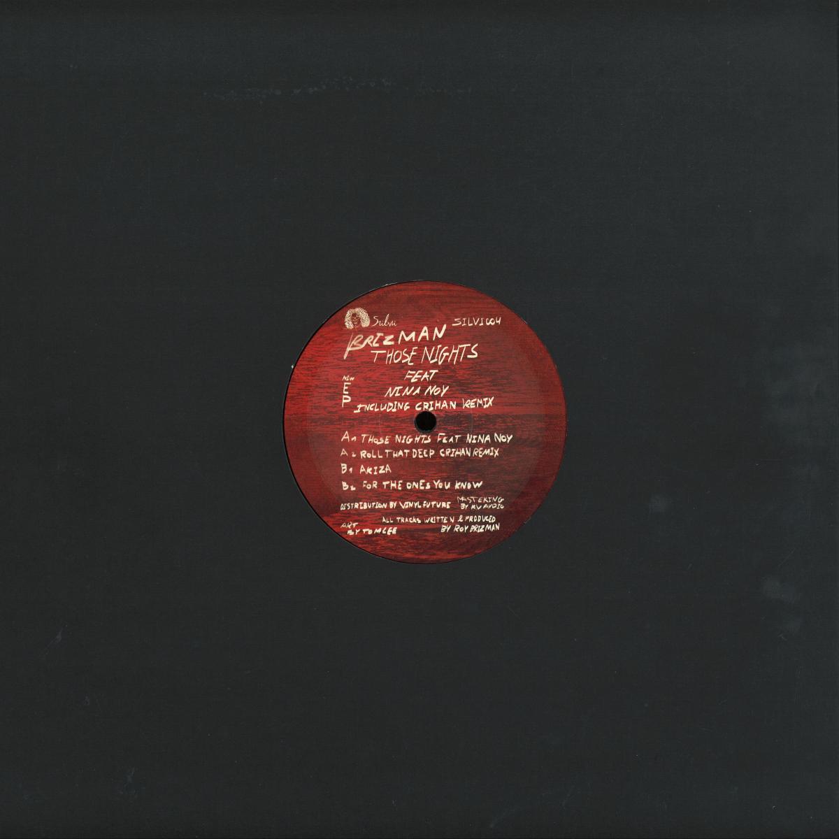 Back cover of Nina Noy Brizman’s "Those Nights" vinyl record by Vinyl Future, featuring artwork and track listing.