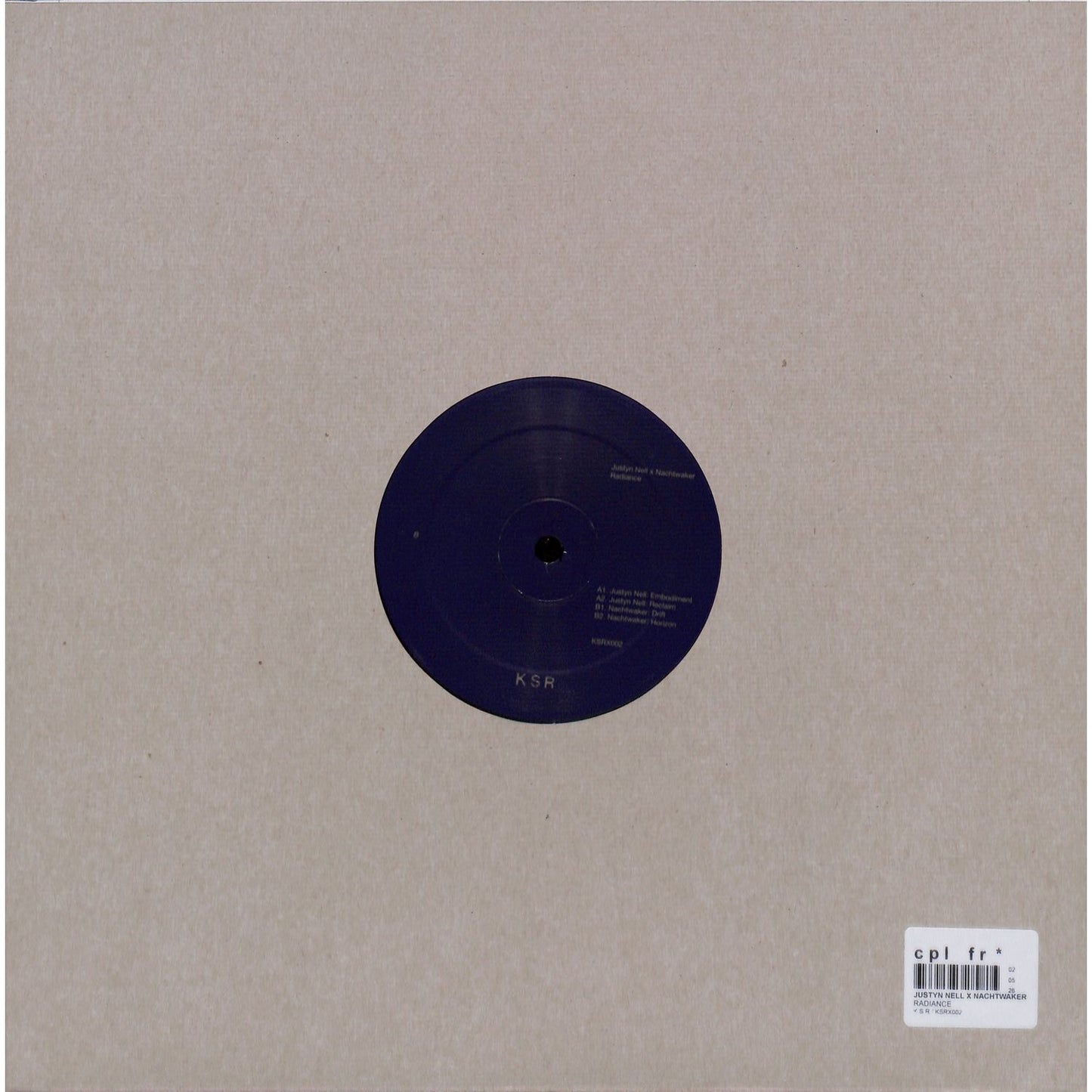 Justyn Nell Nachtwaker Radiance vinyl record by Triple Vision, showing the back cover with artwork and track listing.