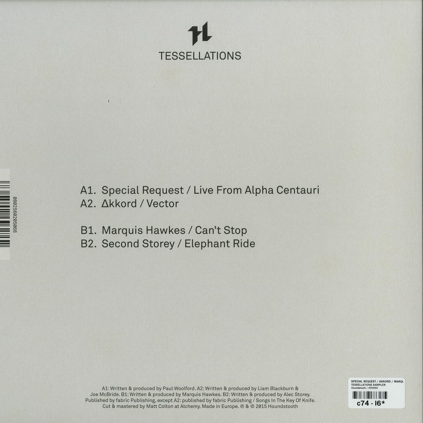 Second Hand vinyl record titled "Special Request" by Marquis Hawkes, featuring tessellations artwork on the back cover.