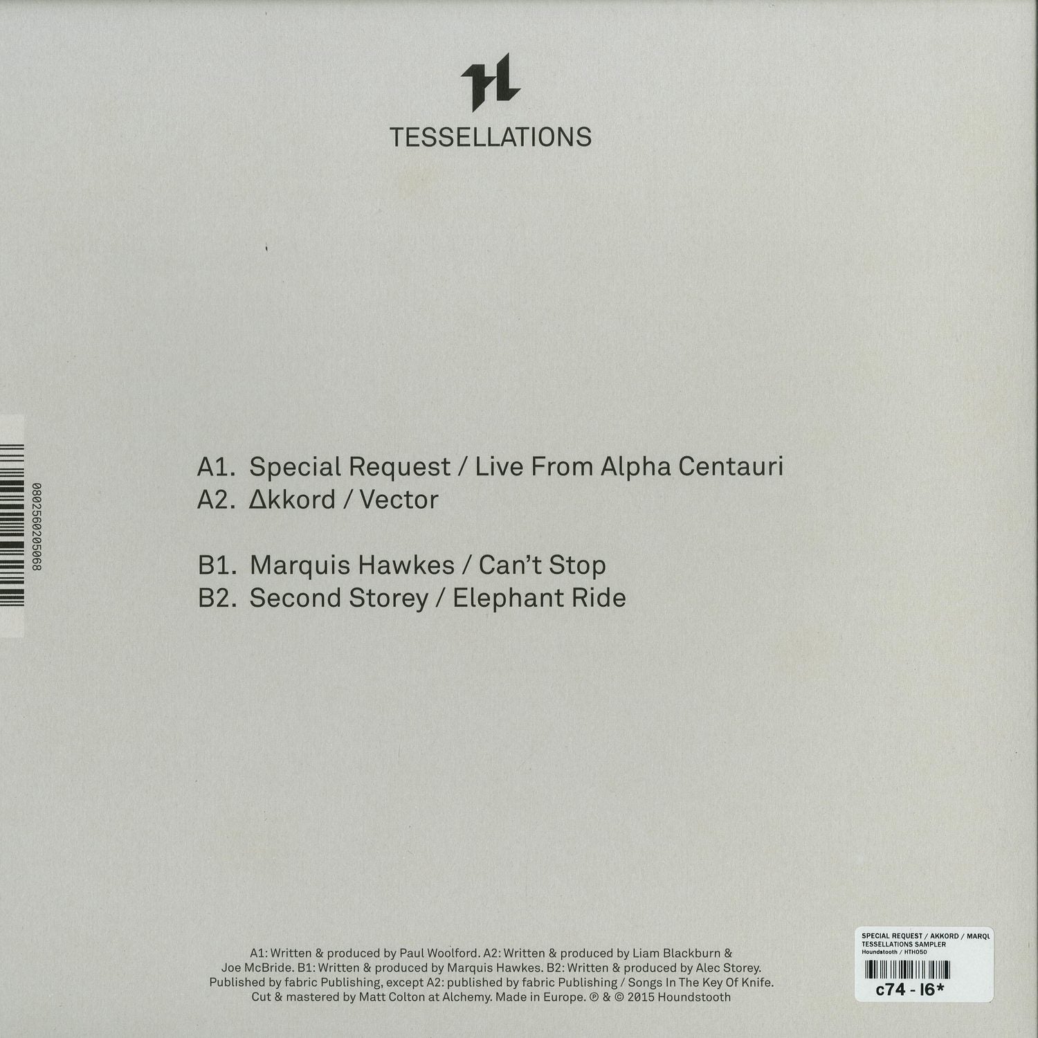 Second Hand vinyl record titled "Special Request" by Marquis Hawkes, featuring tessellations artwork on the back cover.