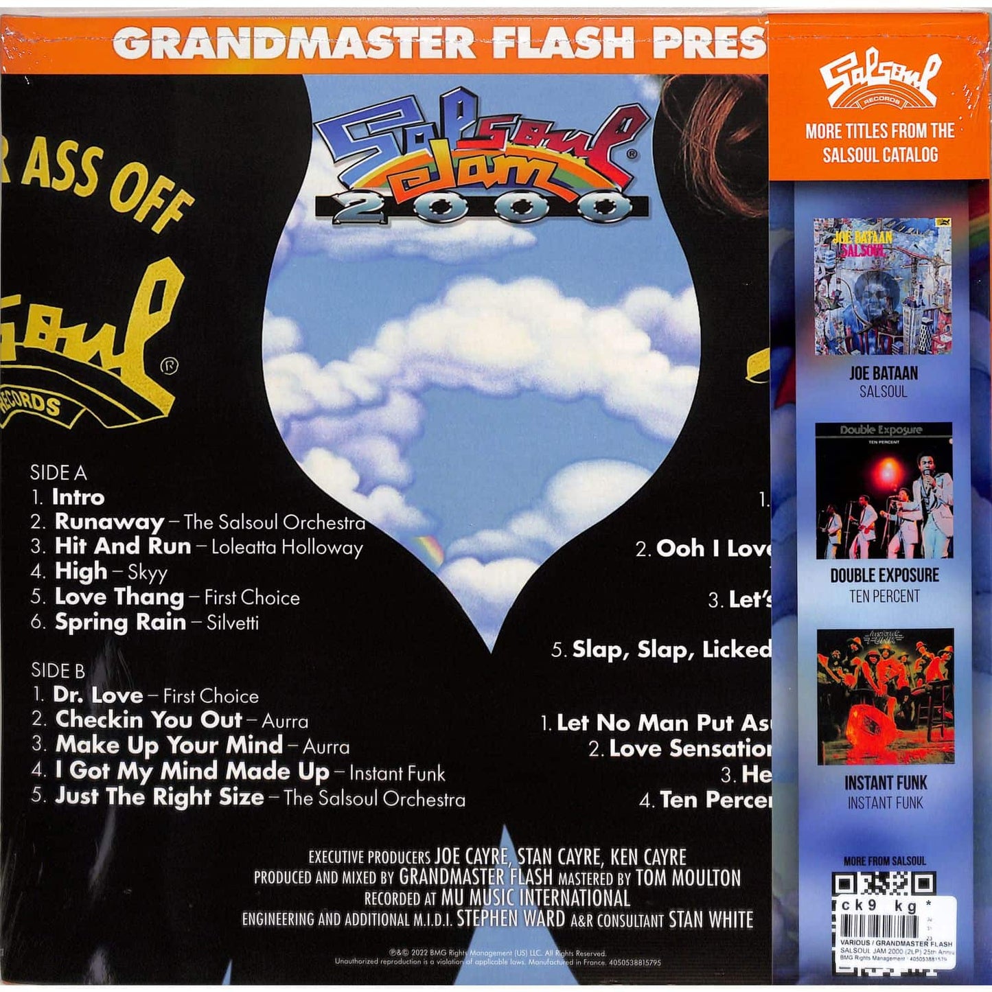 Back of second hand vinyl record for GRANDMASTER FLASH – SALSOUL JAM 2000, showcasing the album cover artwork.