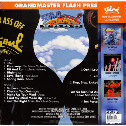 Back of second hand vinyl record for GRANDMASTER FLASH – SALSOUL JAM 2000, showcasing the album cover artwork.