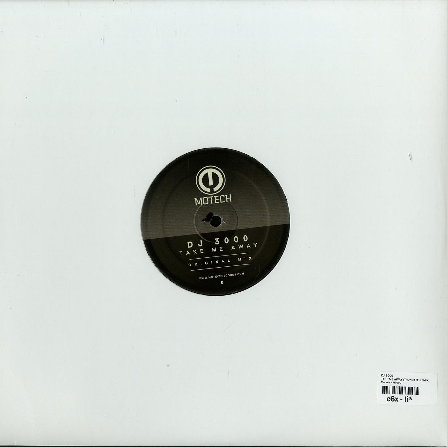Back of Second Hand DJ 3000 "Take Me Away" vinyl record with artwork and label details visible.