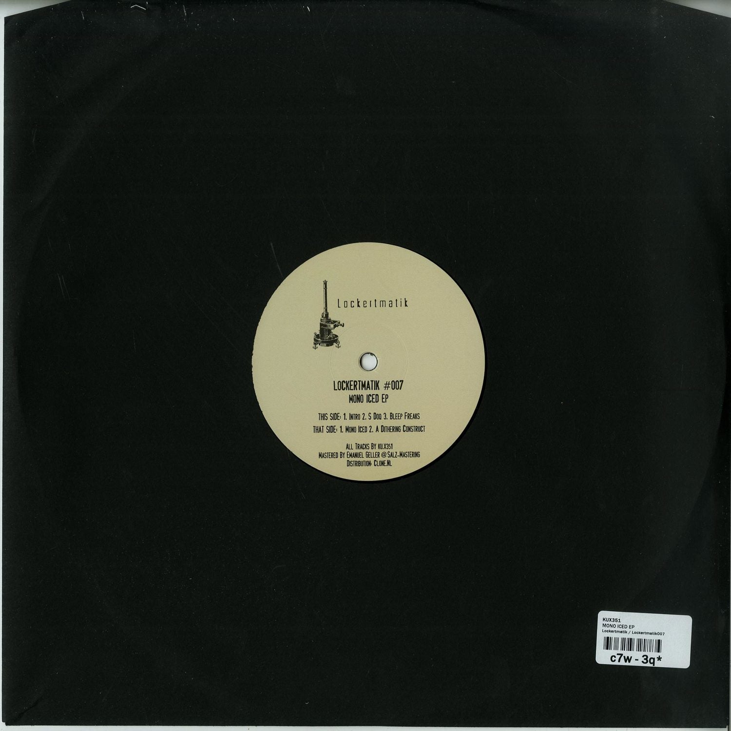 Second Hand KU-X351 Mono ICED EP vinyl record, black disc with label, viewed from the back side.