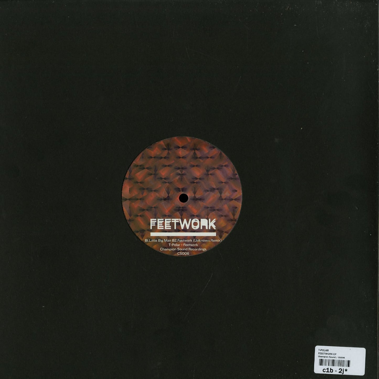 Decks T-POLAR vinyl record by FEETWORK, showing the back cover with black and white artwork and track listing.
