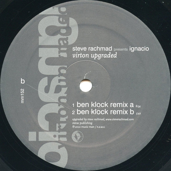 Back of vinyl record "Virton Upgraded" by Steve Rachmad presents Ignacio and Ben Klock, second-hand vinyl record with artwork and label.
