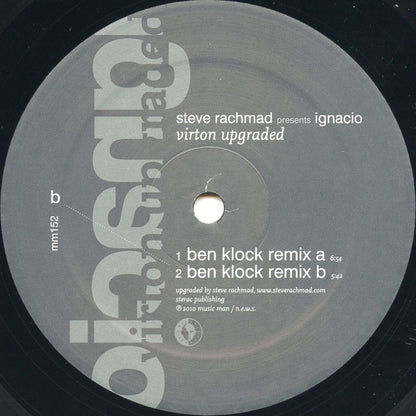 Back of vinyl record "Virton Upgraded" by Steve Rachmad presents Ignacio and Ben Klock, second-hand vinyl record with artwork and label.