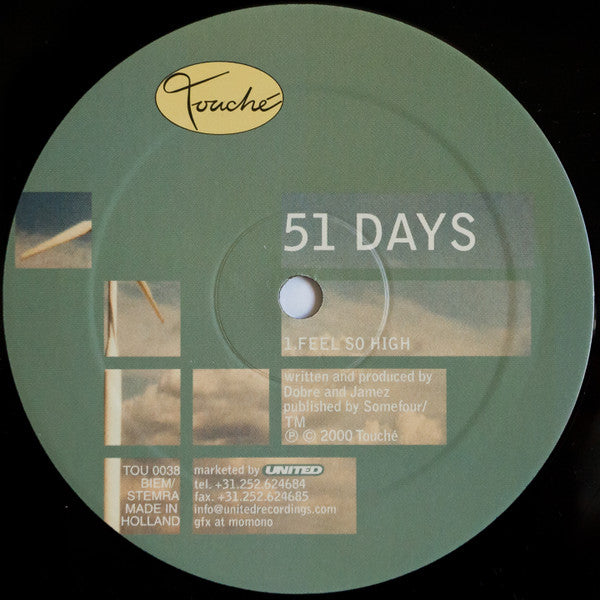 Back cover of Second Hand 51 Days – Feel So High vinyl record featuring artwork and track information.