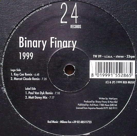 Vintage vinyl record titled "Binary Finary" by Kaycee, Marc et Claude, Paul Van Dyk, Matt Darey, second hand, front cover.