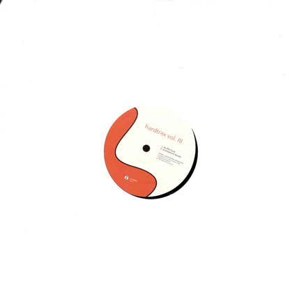 Second hand vinyl record of Richie Hawtin’s Hardtrax Vol. III with black and white album cover art and minimal text.