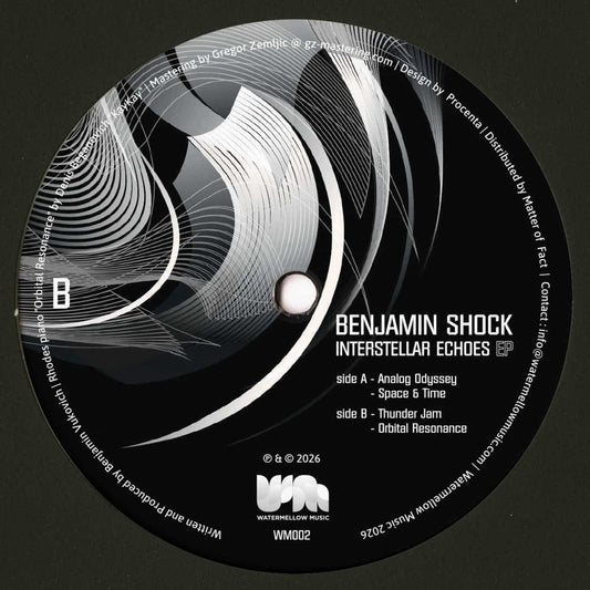 Decks Benjamin Shock Interstellar Echoes vinyl record with colorful abstract cover art, front view of the album.