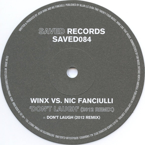 Second hand vinyl record of WINX VS. FANCIULLI – DON'T LAUGH (2012 REMIX) with colorful album cover artwork.