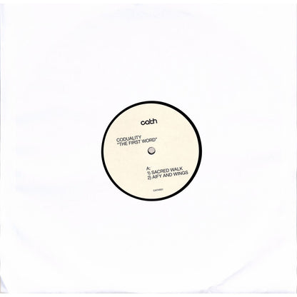 Vinyl record titled "CODUALITY – THE FIRST WORD" showing the front cover with abstract artwork and album title text.