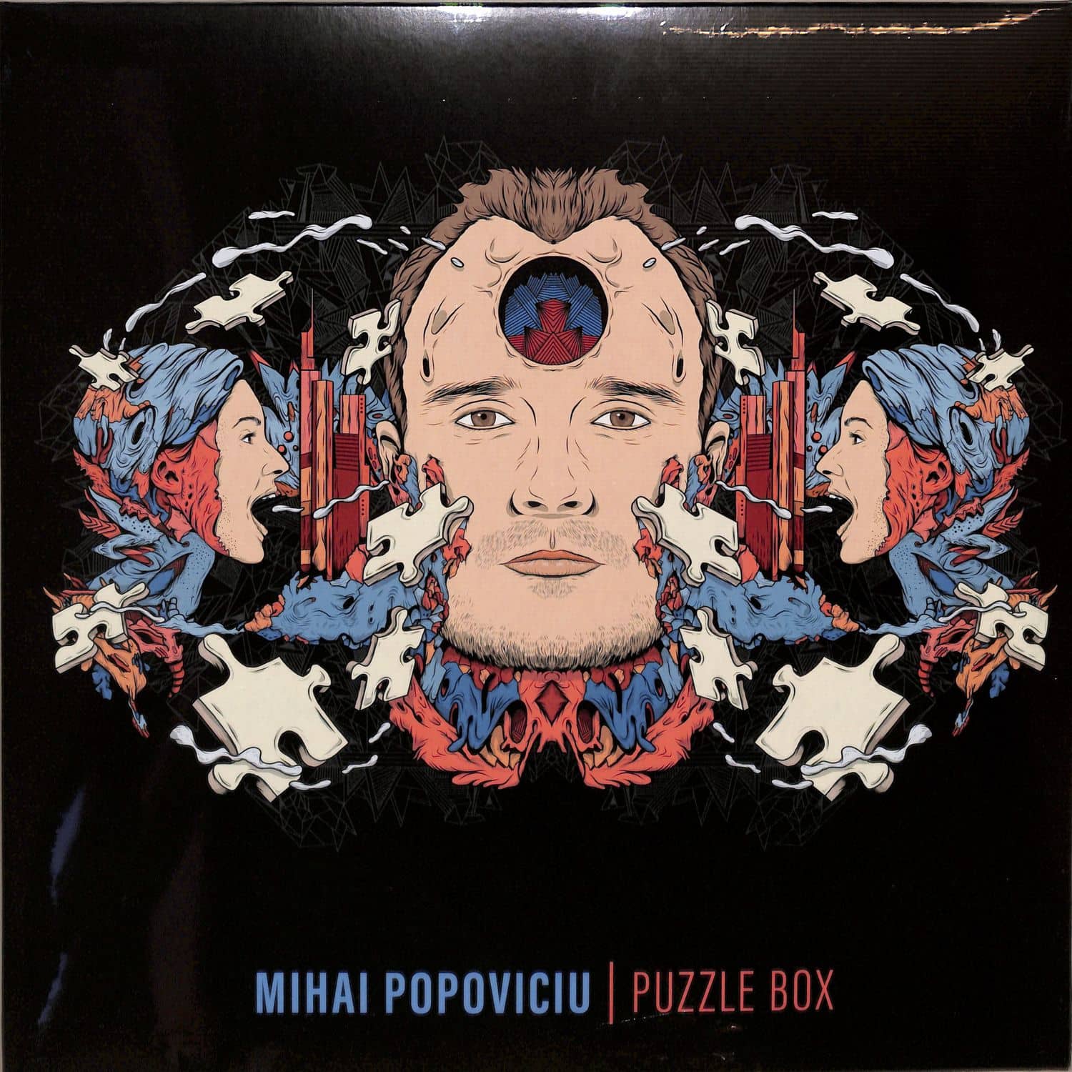 Vinyl record titled Mihai Popoviciu – Puzzle Box by Word and Sound, featuring colorful abstract artwork on the front.