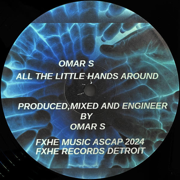 Vinyl record titled "All the Little Hands Around" by Omar S, featuring abstract artwork on the cover with vibrant colors.