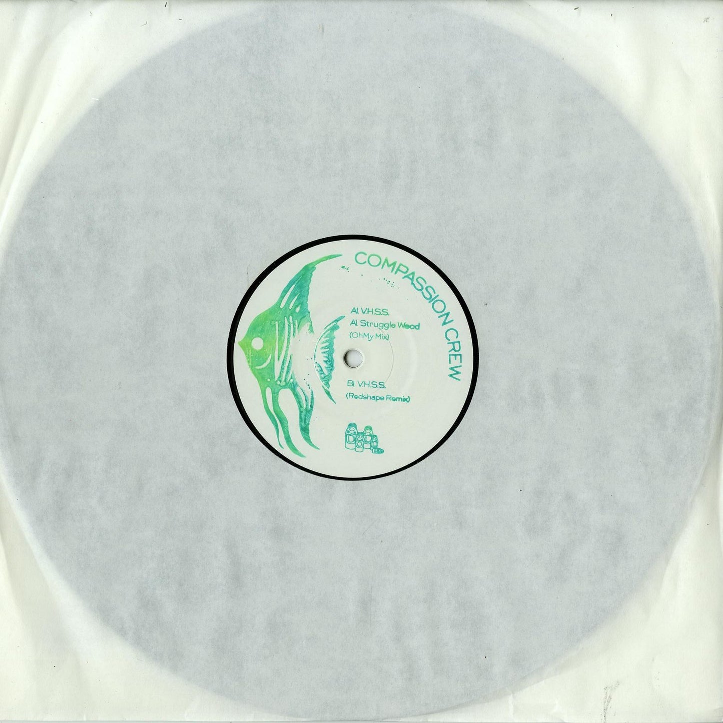 Redshape vinyl record titled "Compassion Crew" by Ohmy, featuring colorful album cover art on a second-hand vinyl disc.