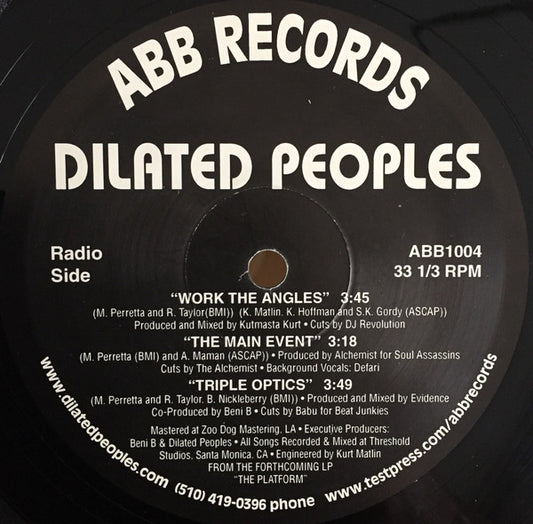 Second Hand vinyl record "Work The Angles / The Main Event / Triple Optics" by Dilated Peoples, showing the front cover art.