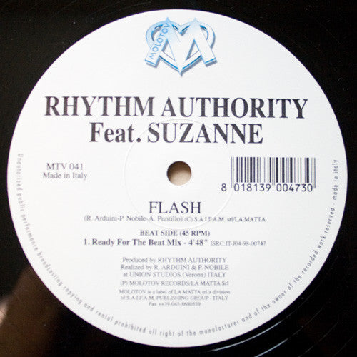 Second Hand vinyl record titled "Flash" by Rhythm Authority featuring Suzanne, with colorful album cover art.