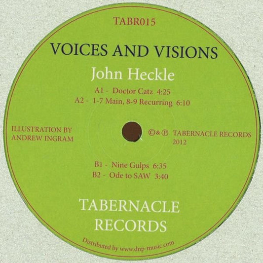 Second Hand vinyl record of John Heckle's Voices and Visions, featuring the album cover with colorful artwork and record details.