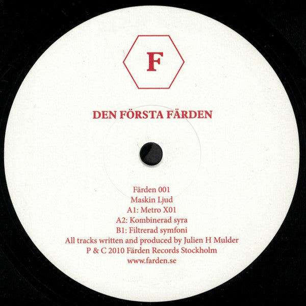 Vintage vinyl record "Maskin Ljud – Den Första Färden" with colorful album cover art, second-hand condition, front view.