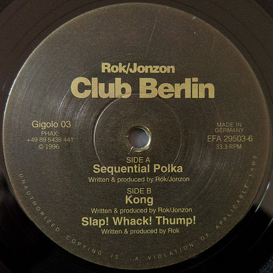 Second hand ROK / JONZON CLUB BERLIN vinyl record with colorful abstract cover art, front view.