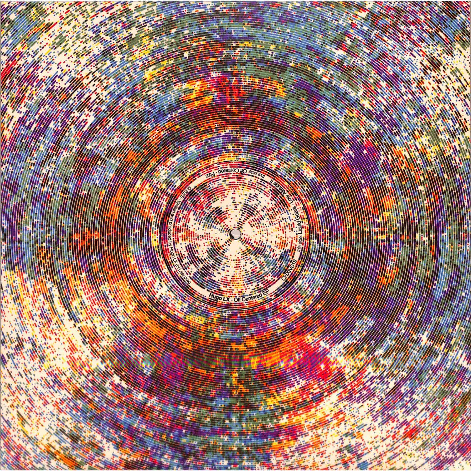 Yoyaku HUGO LX off-centered vinyl record with abstract artwork on the front, showcasing the record's unique design.