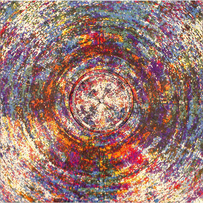 Yoyaku HUGO LX off-centered vinyl record with abstract artwork on the front, showcasing the record's unique design.