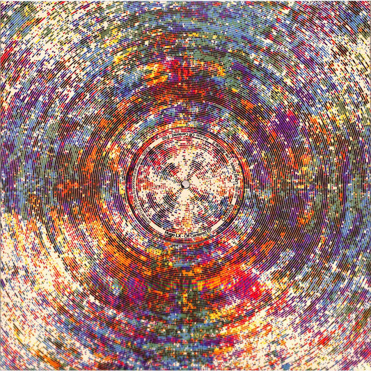 Yoyaku HUGO LX off-centered vinyl record with abstract artwork on the front, showcasing the record's unique design.