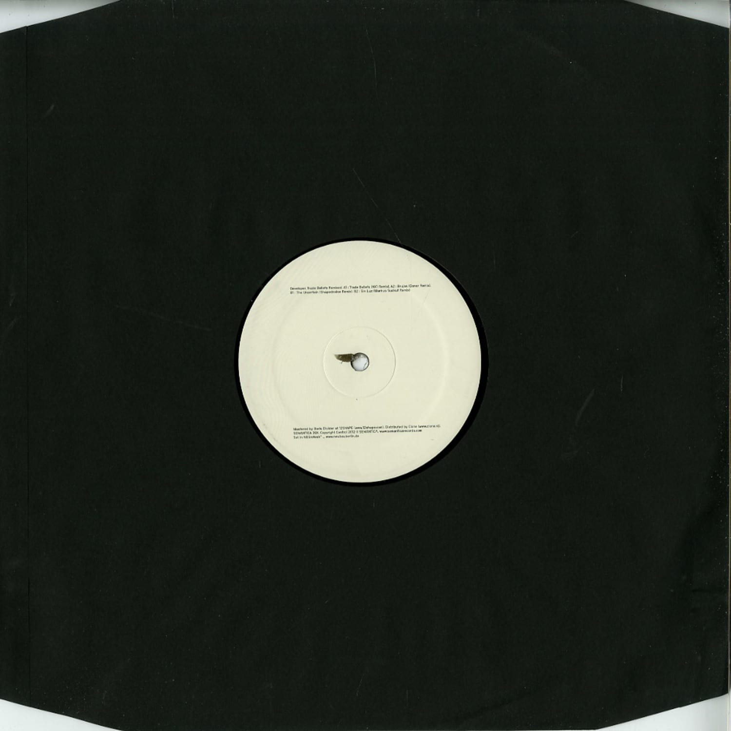 Vinyl record of "Trade Beliefs Remixed" by Shapednoise, Markus Suckut, and Developer NX1, second hand, black and label visible.
