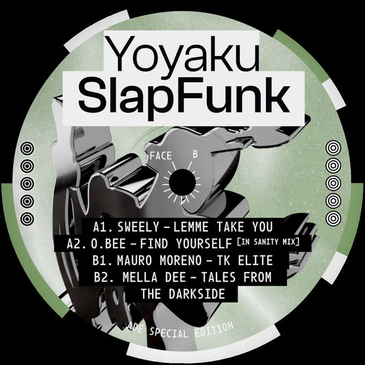 Yoyaku vinyl record featuring SWEELY, O.BEE, MELLA DEE, and MAURO MORENO's YOYAKU SLAPFUNK label with colorful album artwork.