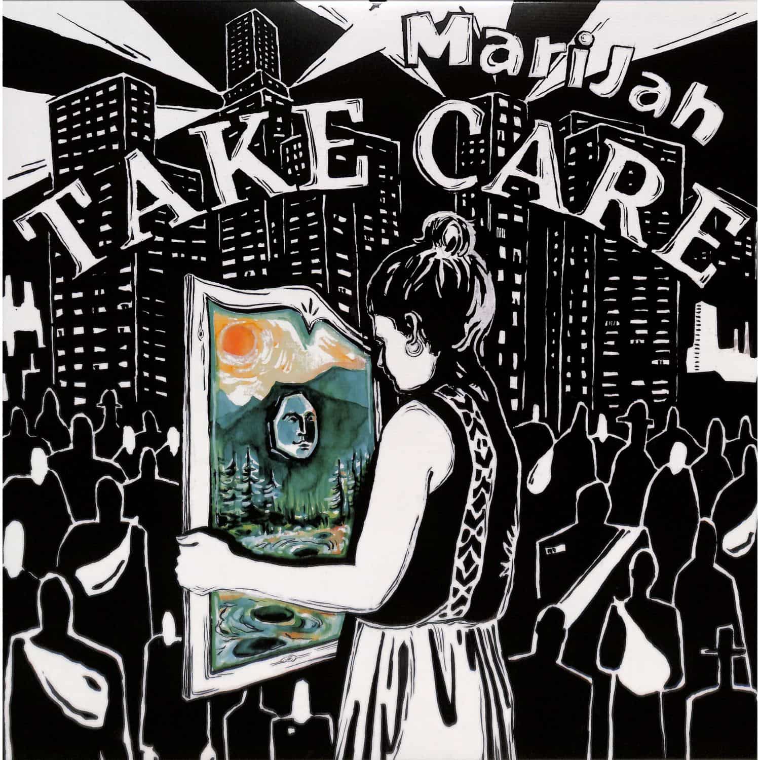 Marijah Jah Embassy Take Care vinyl record by Triple Vision, featuring colorful album cover art and the record inside.