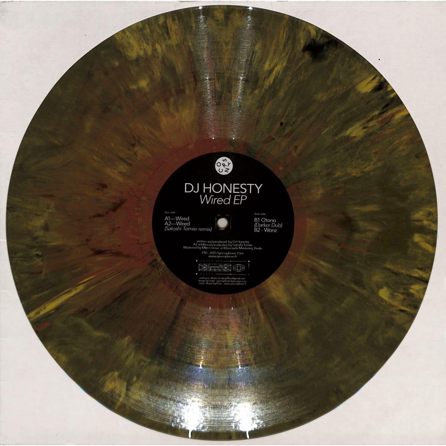 Vinyl record by DJ Honesty and Satoshi Tomiie, Wired EP, from Syncrophone label, with colorful abstract cover art.