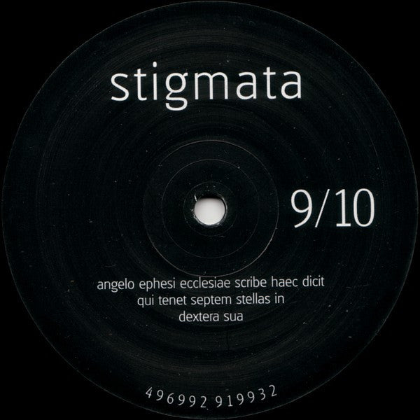 Second Hand Stigmata vinyl record with black and white cover art, featuring bold typography and artwork in a close-up view.