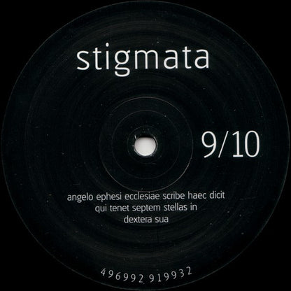 Second Hand Stigmata vinyl record with black and white cover art, featuring bold typography and artwork in a close-up view.