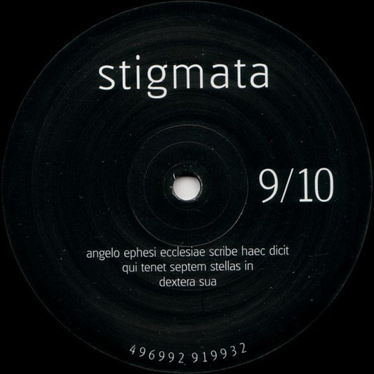 Second Hand Stigmata vinyl record with black and white cover art, featuring bold typography and artwork in a close-up view.