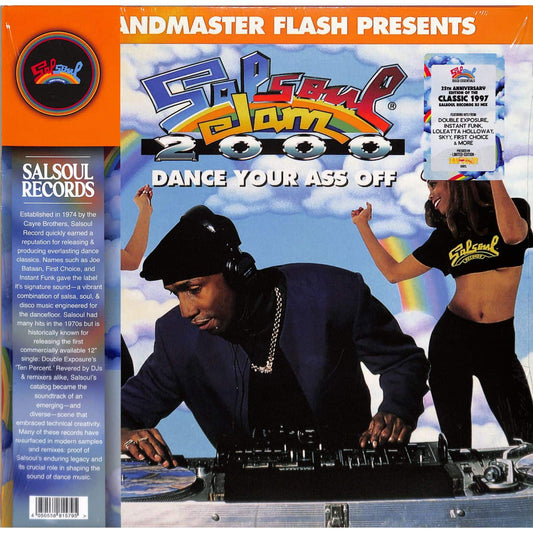 Second hand vinyl record of Grandmaster Flash's "Salsoul Jam 2000" with colorful album cover art showing DJ images and vibrant graphics.