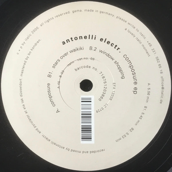 Second Hand Antonelli Elect. Composure EP vinyl record with colorful abstract album cover art.