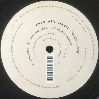 Second Hand Antonelli Elect. Composure EP vinyl record with colorful abstract album cover art.
