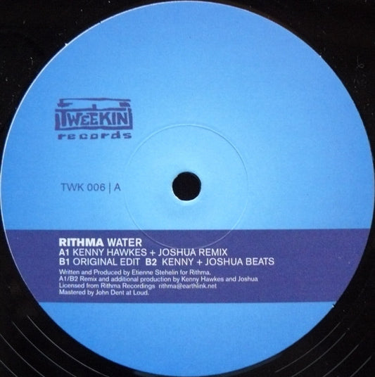 Second hand vinyl record titled "Water" by Rithma, Kenny Hawkes, and Joshua, showing the front cover artwork.