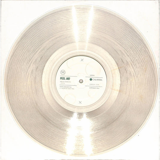 Second Hand vinyl record "PEEL MD / FRAK – CALAVERA / SYNC REBATE" with colorful album cover art on a turntable.