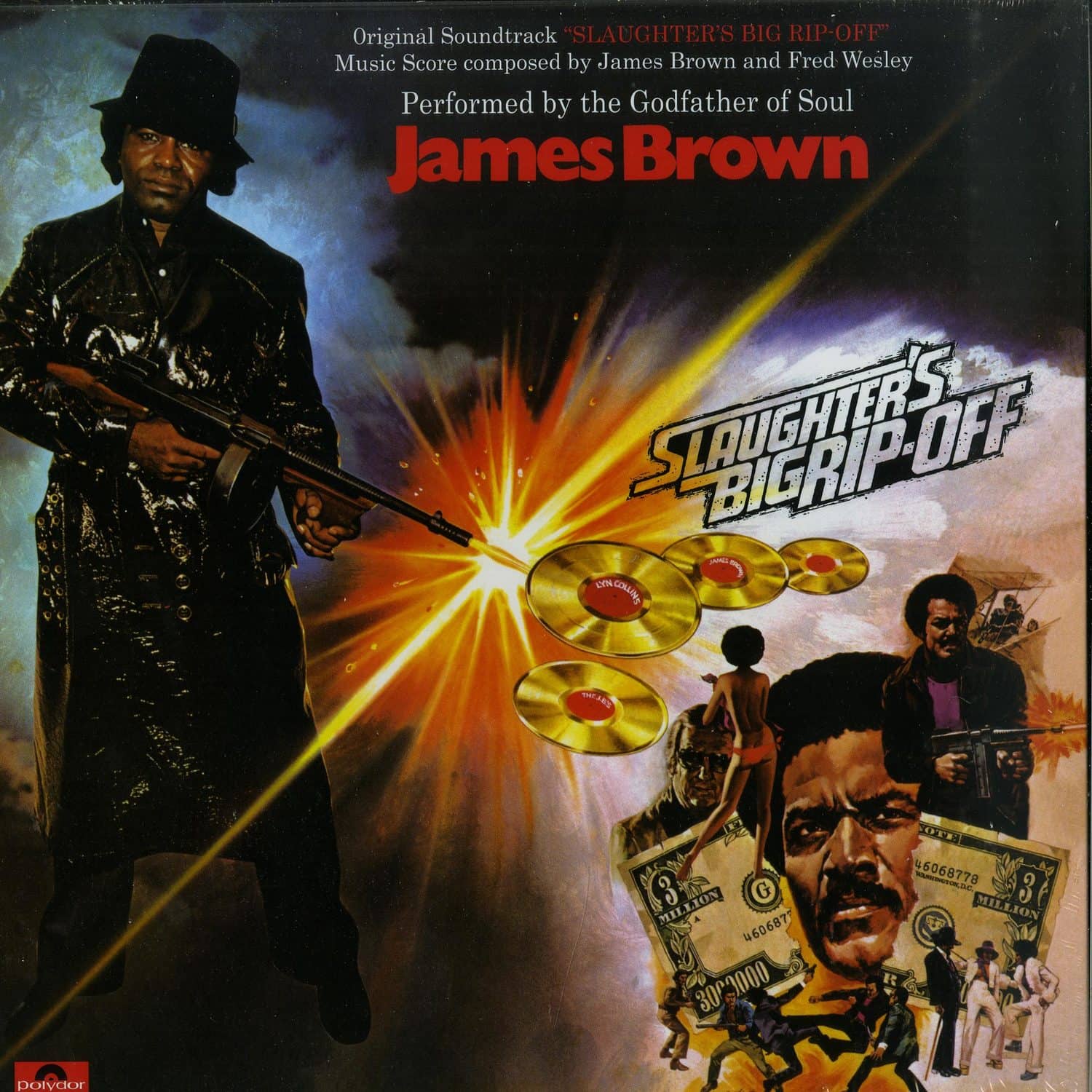 Vintage vinyl record of James Brown's "Slaughter's Big Rip-Off" album, second hand release with colorful album cover art.