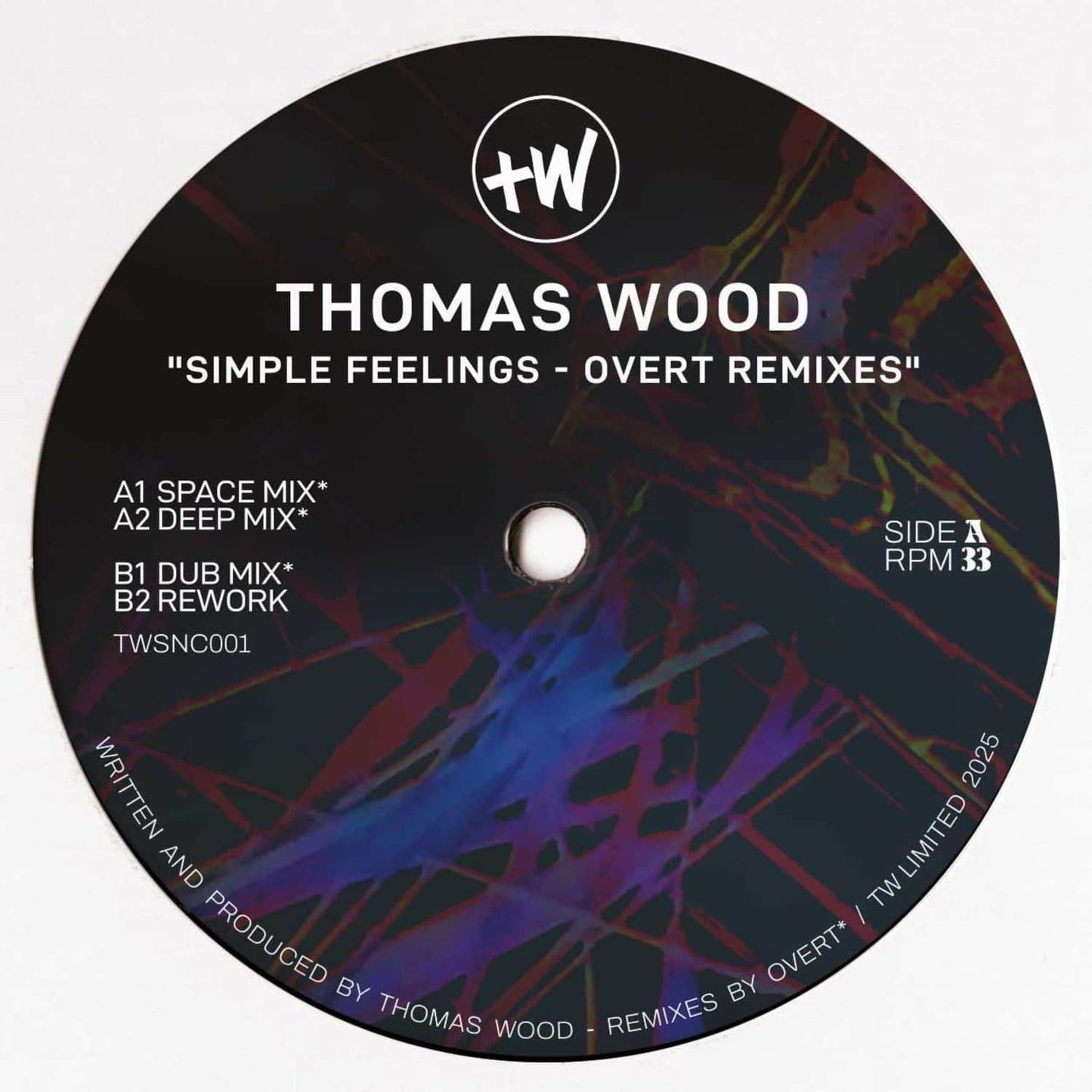 Decks vinyl record titled "Simple Feelings" by Thomas Wood, featuring Overrt Remixes, with colorful album artwork on the front.