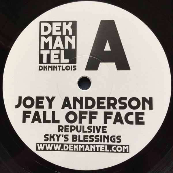 Vinyl record titled "Fall Off Face" by Joey Anderson, second-hand edition, with abstract cover art featuring vibrant colors.