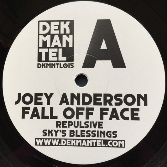 Vinyl record titled "Fall Off Face" by Joey Anderson, second-hand edition, with abstract cover art featuring vibrant colors.