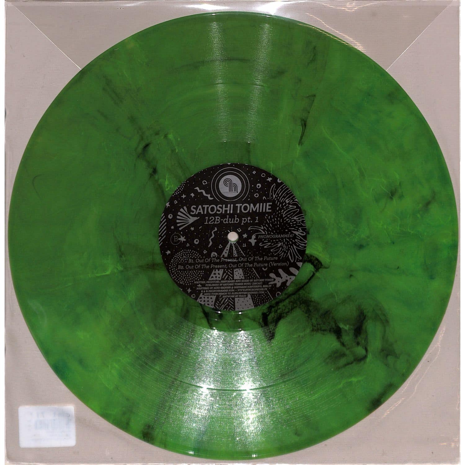 Vinyl record by Satoshi Tomiie titled 12B- Dub Pt.1 from Syncrophone, showing the record's front cover with artwork and title.