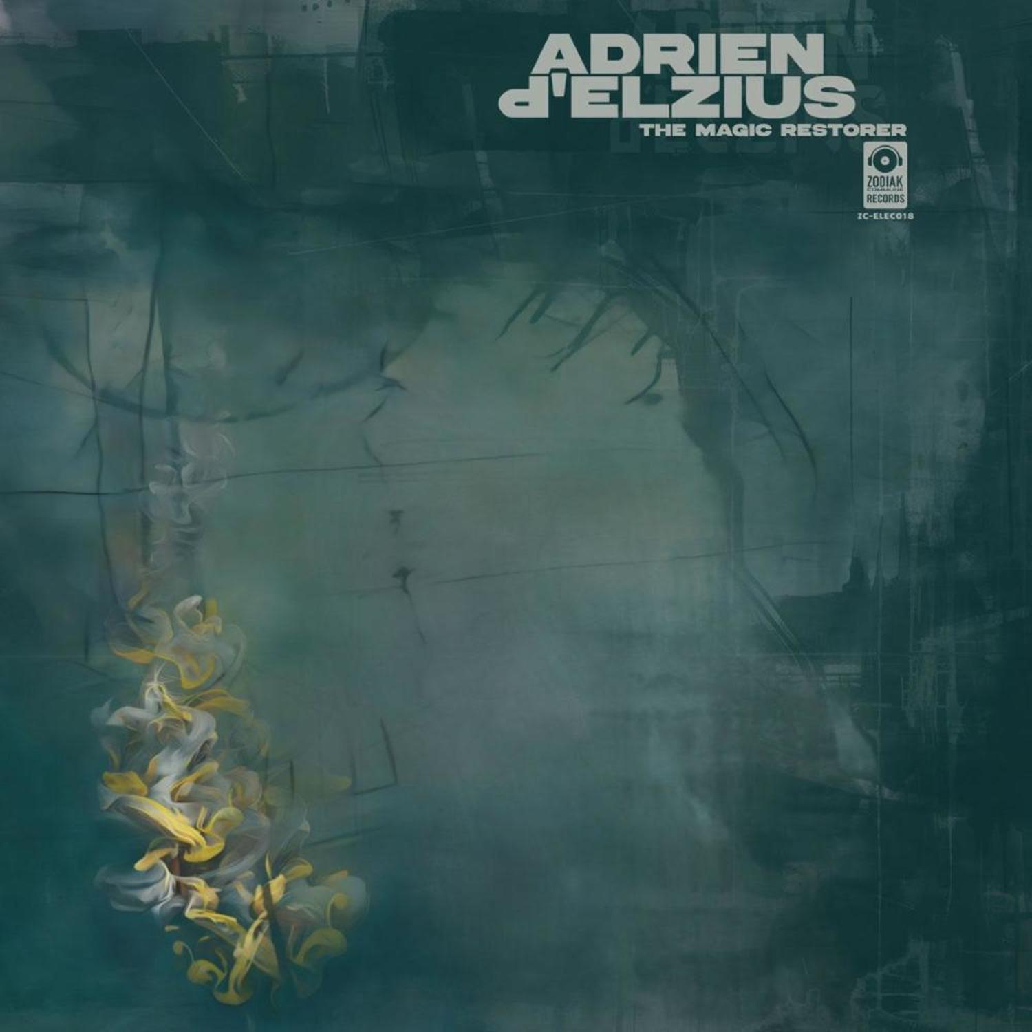 Vinyl record titled "The Magic Restorer" by Adrien D'Elzius and Serge Geyzel, featuring colorful album art on the front.
