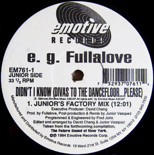 Second hand vinyl record of E.G. FULLALOVE, JUNIOR VASQUEZ, TOM E – Didn't I Know, featuring dancefloor-ready tracks.