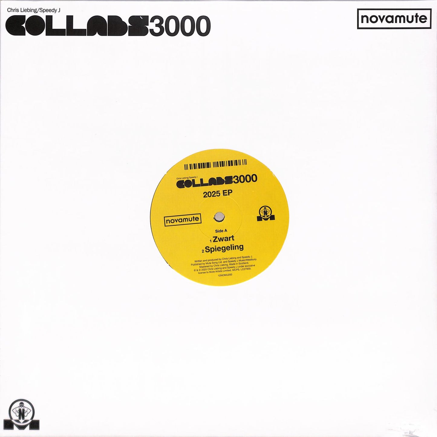 Vinyl record of CHRIS LIEBING / SPEEDY J – COLLABS 3000 2025 EP, black vinyl with colorful label, placed on a turntable.