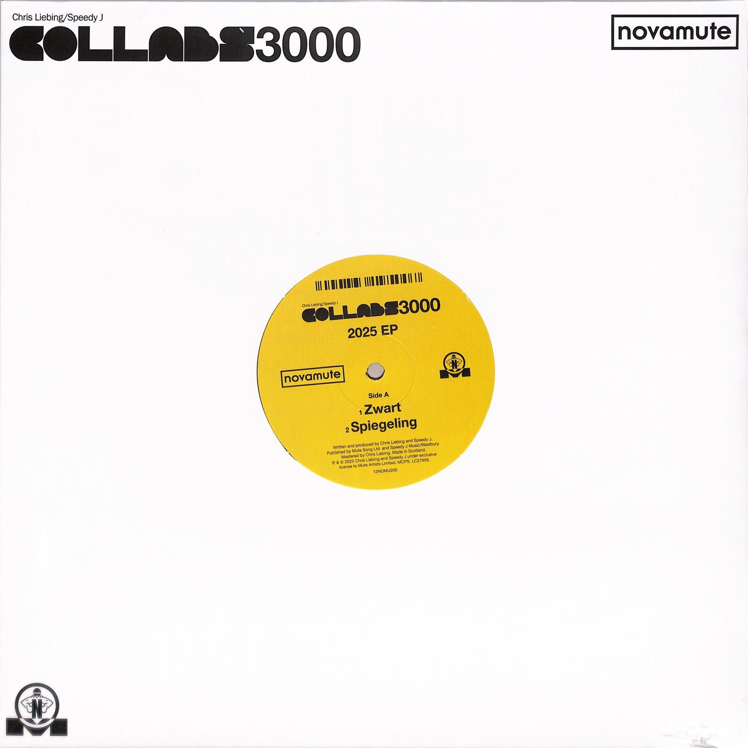 Vinyl record of CHRIS LIEBING / SPEEDY J – COLLABS 3000 2025 EP, black vinyl with colorful label, placed on a turntable.