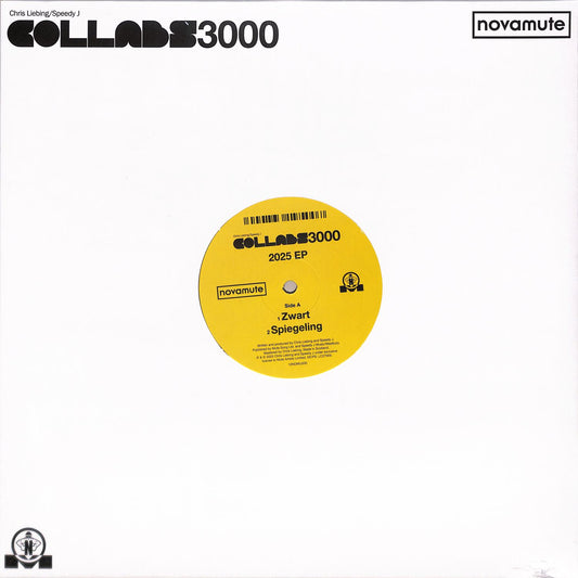 Vinyl record of CHRIS LIEBING / SPEEDY J – COLLABS 3000 2025 EP, black vinyl with colorful label, placed on a turntable.